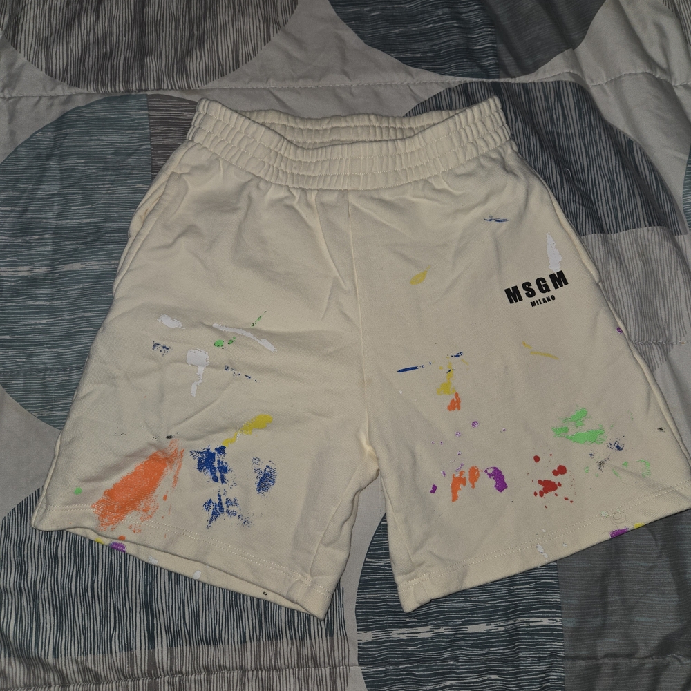 MSGM Cream Paint-Splatter Athletic Shorts